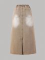 Teen Girls' Cute Elegant Outdoor Simple Khaki High Slit Denim Skirt