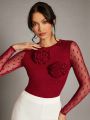 SHEIN BAE Valentine's Day Red Mesh Polka Dot Three-Dimensional Flower Decoration Tight Women Long-Sleeved Jumpsuit