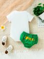 SHEIN 2pcs/Set Baby Boy Casual Daily Cute Letter Pattern With 3d Bowknot Bodysuit And Shorts Outfits, Spring And Summer, Suitable For St. Patrick's Day