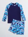 Little Boys' Shark Printed Raglan Long Sleeve T-Shirt And Shorts Set