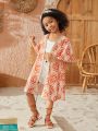 SHEIN Young Girls' Everyday Casual Patchwork Weave & Flower Printed Short Sleeve Kimono