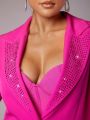 SHEIN BAE Valentine's Day And New Year'S Eve Pink Rhinestone-Embellished Wide-Shoulder Blazer