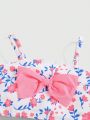 SHEIN Baby Girls' Cute Flower Patterned Swimsuit With Bowknot Design Straps And Triangle Shorts
