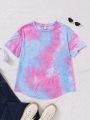 SHEIN Teen Girls' Knit Tie Dye Casual Drop Shoulder Short Sleeve T-Shirt