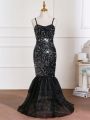 Teenage Girls' Sequined Mesh Mermaid Hem Party Dress With Spaghetti Straps, Suitable For Prom And Birthday Parties, Fall/Winter