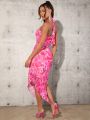 SHEIN Tall Women's Floral Print Asymmetrical Hem Halter Neck Dress With Front Slit