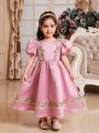 SHEIN Kids Nujoom Young Girl's Cute Slim Fit Round Neck Puff Sleeves Dress With Bowknot Back
