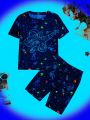 SHEIN Tween Boy Astronaut & Galaxy Print Tee & Shorts PJ Set