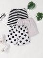 SHEIN Unisex Baby Casual Striped Polka Dot Elastic Waist Shorts 3pcs Outfit Set