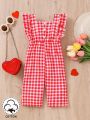 Infant Girls' Spring/Summer Solid Red Plaid Heart Shaped Print & Ruffled Trimmed Jumpsuit For Daily & Casual Wear