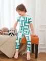 Tween Boys' Simple And Cute Snake Print Short Sleeve T-Shirt And Long Pants Casual Two Piece, Tight-Fitting Home Clothing