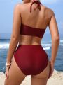 SHEIN Swim Vcay Women's Red Halter Neck Ring Decorated Bikini Set