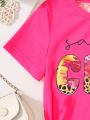 Young Girl's Leopard Print & Letter Printed Short Sleeve T-Shirt