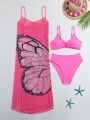 Teen Girls' Solid Color Bikini Swimsuit Set And Butterfly Mesh Swimsuit Strap Dress