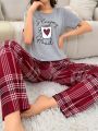 Women'S Letter Print Short Sleeve And Checked Pants Pajama Set