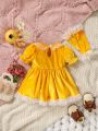 SHEIN Infant Girls' Party Dress With Sheer Netted Round Neck, Velvet Puff Sleeves, Princess Skirt And Detachable Sleeves, Cute Vintage Elegant And Fashionable, For Autumn And Winter