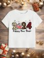 SHEIN Young Boys' Casual Short Sleeve Round Neck T-Shirt Printed With New Year Slogan, Suitable For Summer
