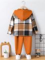 2-piece Boys' Plaid Hooded Shirt And Pants Suit
