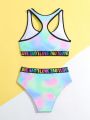 Teenage Girls' Tie-Dye Letter Print Braided Strap Halter Bikini