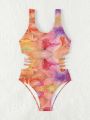 One-Piece Teen Girl Swimsuit, Casual Party 3d Artistic Effect Printed, Ideal For Beach Vacation In Spring/Summer