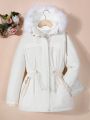 Teen Girls Casual Drawstring Waist Hooded Padded Parka With Collar, Keep Warm In Winter