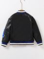 SHEIN Kids HYPEME Young Boy Letter Patched Striped Trim Plush Lined PU Leather Jacket
