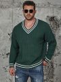 Extended Sizes Men Plus Striped Trim Drop Shoulder Cable Knit Sweater