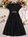 SHEIN Kids KDOMO Girls' Vintage Sweet Floral Embroidery Maxi Dress
