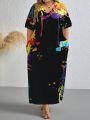 Women's Plus Size Ink Splatter Print V-neck Loose Casual T-shirt Dress