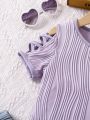 SHEIN Kids EVRYDAY Young Girls' Casual Light Purple Wave Pattern T-Shirt