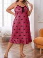 Plus Size Women's Heart Print Sleep Dress With Ruffle Hemline