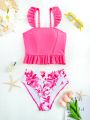 Tween Girls' Ruffled Pattern Printed Bikini Swimsuit Set
