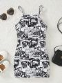 SHEIN Kids Cooltwn Girls Casual Street All-Over Printed Cami Dress Summer