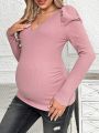 SHEIN Maternity Solid Color Simple V-neck Long Sleeve T-shirt