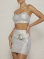 Mienne Holographic Cami Top & Buckle Detail Bodycon Skirt