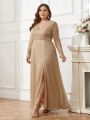 SHEIN Belle Plus Size High Slit V-Neck Satin Fabric Evening Party Dress