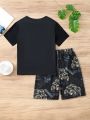 SHEIN Kids Nujoom Tween Boys' Cool Printed Short Sleeve T-Shirt And Shorts Pajama Set, Comfortable To Wear, Can Be Worn Outdoors, 2pcs/Set