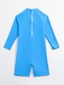 Toddler Boys' Spring/Summer One-Piece Shark Patterned Long-Sleeved Swimwear With Back Zipper For Sun Protection