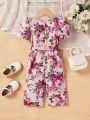 SHEIN Baby Girl Casual Floral Pattern Lace Patchwork Short Sleeve Jumpsuit With Belt, Suitable For Vacation