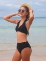 Teenage Girls' Bikini Set With Seashell Trimmed Heart Shaped Circle Pendant Halter Neck Bra And Triangle Bottoms