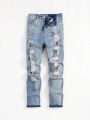 SHEIN Teen Boy's Casual Mid Waist Skinny Ripped Jeans With Distressed Holes