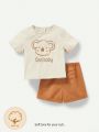 Cozy Cub Baby Boy Cartoon Bear Pattern Short Sleeve T-Shirt And Solid Color Shorts Two Piece Set