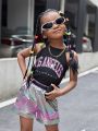 SHEIN Kids HYPEME Young Girl Summer Outfit, 2pcs/Set - Mysterious Printed Vest Top With Rainbow Shorts And Waist Bag