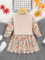 SHEIN Kids Cooltwn Young Girl Floral Print 2 In 1 Dress