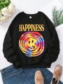 Teen Girls' Knitted Solid Color Casual Sweatshirt With Smiling Face & Letter Print