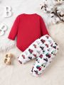 SHEIN 2pcs Newborn Baby Boys' Casual Printed Car Long Sleeve Outfit For Daily Wear During Spring And Autumn