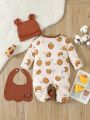 SHEIN Infant Boys' Simple And Adorable Almond Brown Color Block Long Sleeve Jumpsuit For Home Wear
