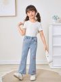 SHEIN Young Girl Lovely Heart Embroidery Water Washed High Elasticity Slim Fit Flare Jeans