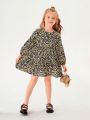 SHEIN Kids SUNSHNE Little Girls' Floral Print Woven Ruffle Hem Dress With Round Neckline