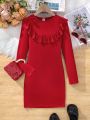 SHEIN Kids Cooltwn Girls' Fashionable Elegant Knitted Solid Color Long Sleeve Dress